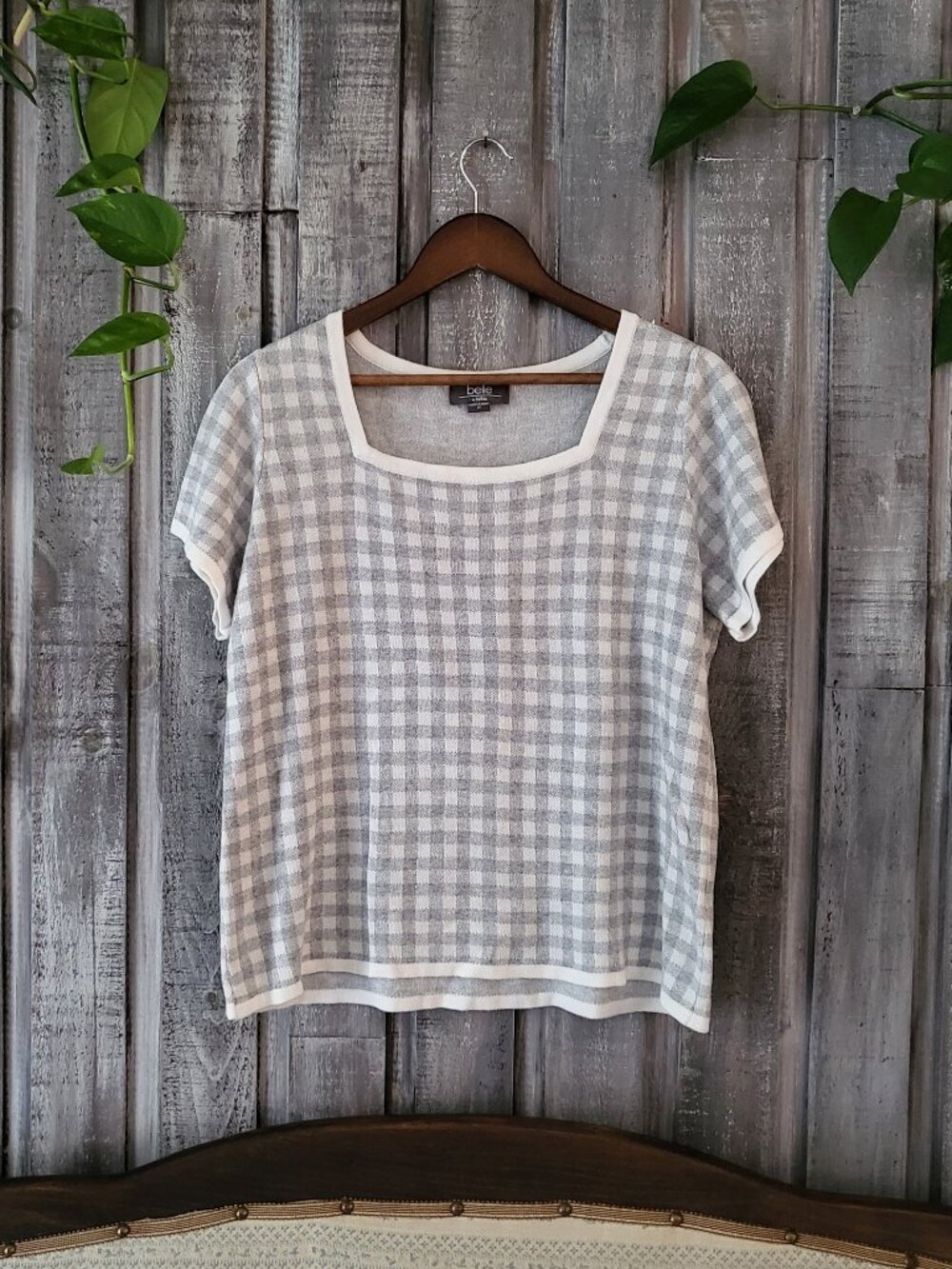 Belle by Belldini Cotton Viscose Gingham Square Neck Top 1X